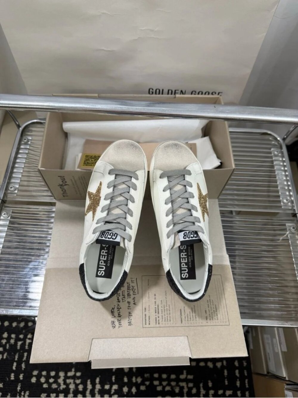 Golden Goose White Sneakers with Gold Glitter Star and Black Heel - Picture 9 of 9